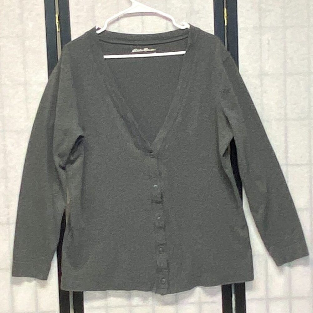Eddie Bauer XL Grey Cotton V-Neck Button Front Cardigan Lightweight Long Sleeve